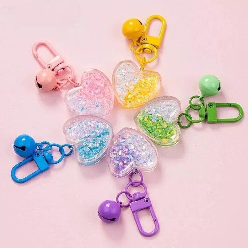 Cute Resin 3D Heart Shaped Keychain Glitter Double Color Stone Filled Love Keyrings With Bell For Women Girls Airpods Case Decor Cute Resin 3D Heart Shaped Keychain Glitter Double Color Stone Filled Love Keyrings With Bell For Women Girls Airpods Case Decor