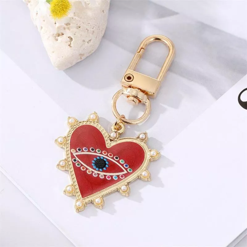 Rainbow Pearl Heart Evil Eye Couple Keychain For Friend Lovers Gift Blue Eye Bag Car Airpods Box Keyring Valentine's Day Jewelry