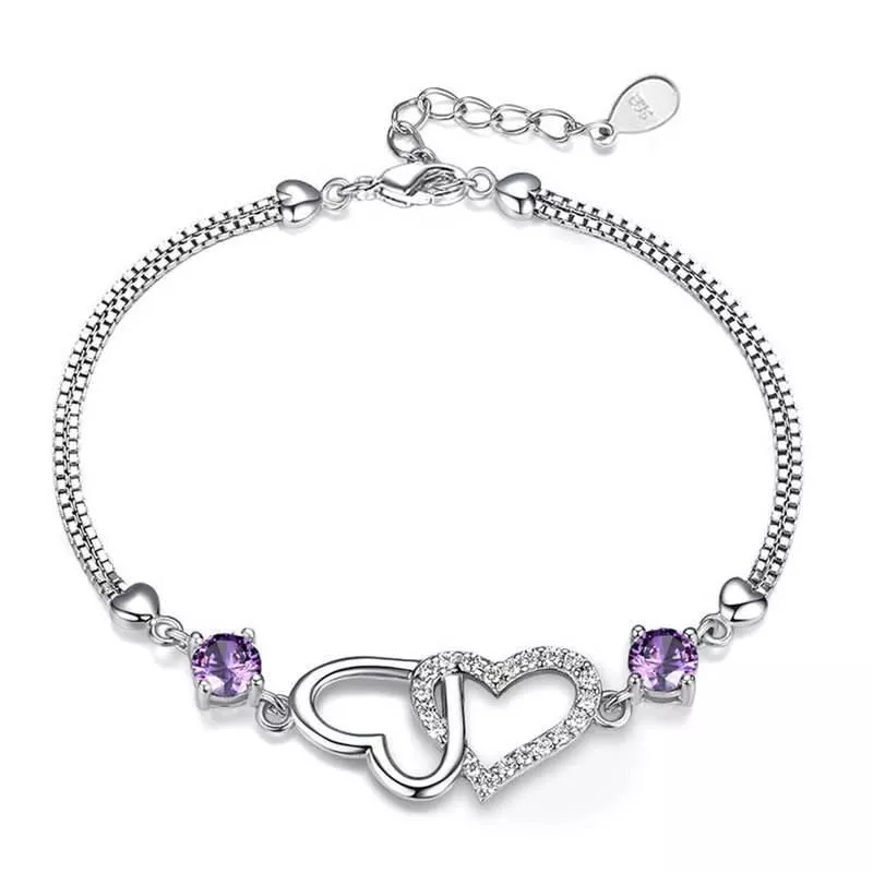 Sterling Silver 925 Heart Charm Bracelet with Natural Amethyst Zircon Sterling Silver 925 Heart Charm Bracelet with Natural Amethyst Zircon